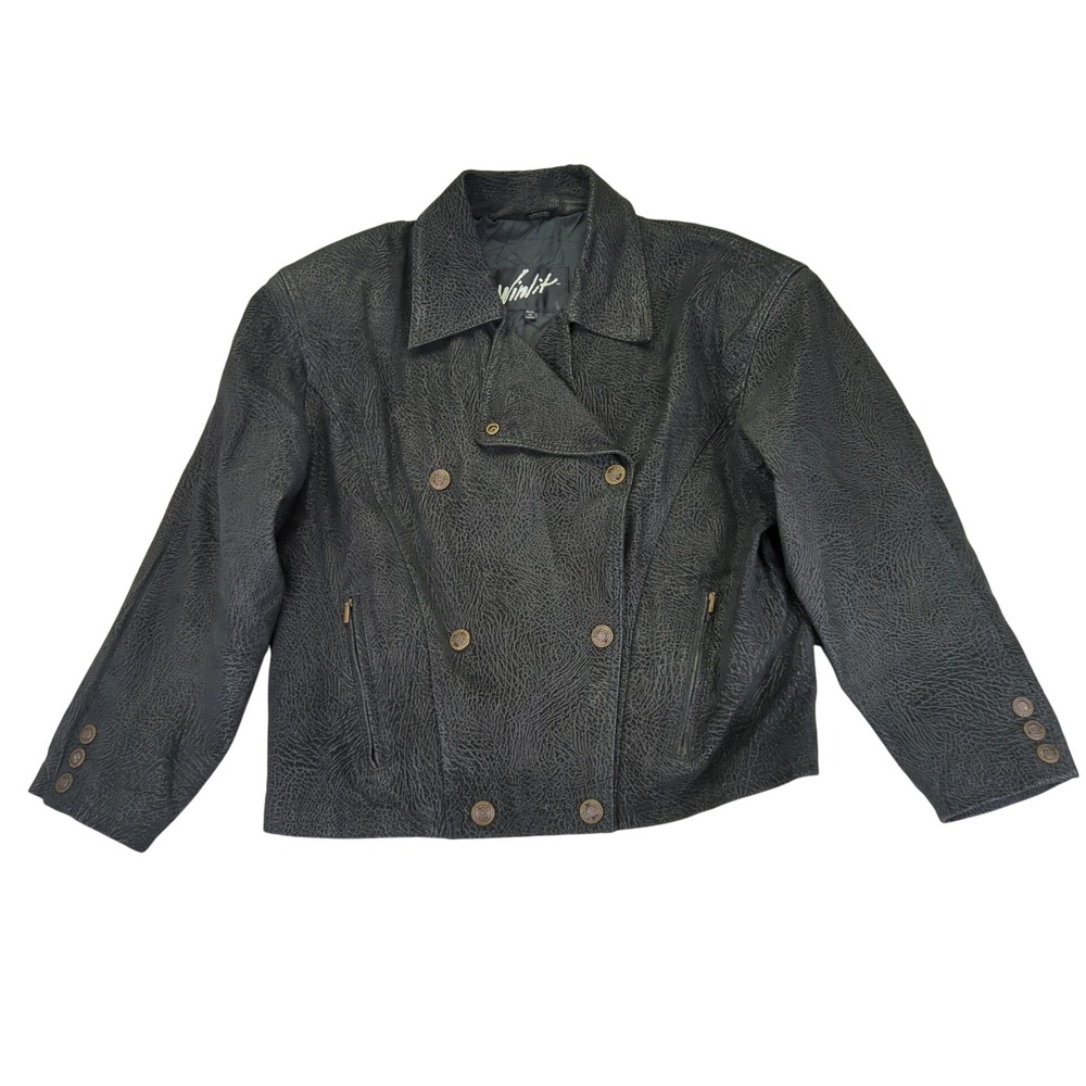 Winlit Women's Leather Jacket L Black Double Breasted‎ Vintage Made in Korea